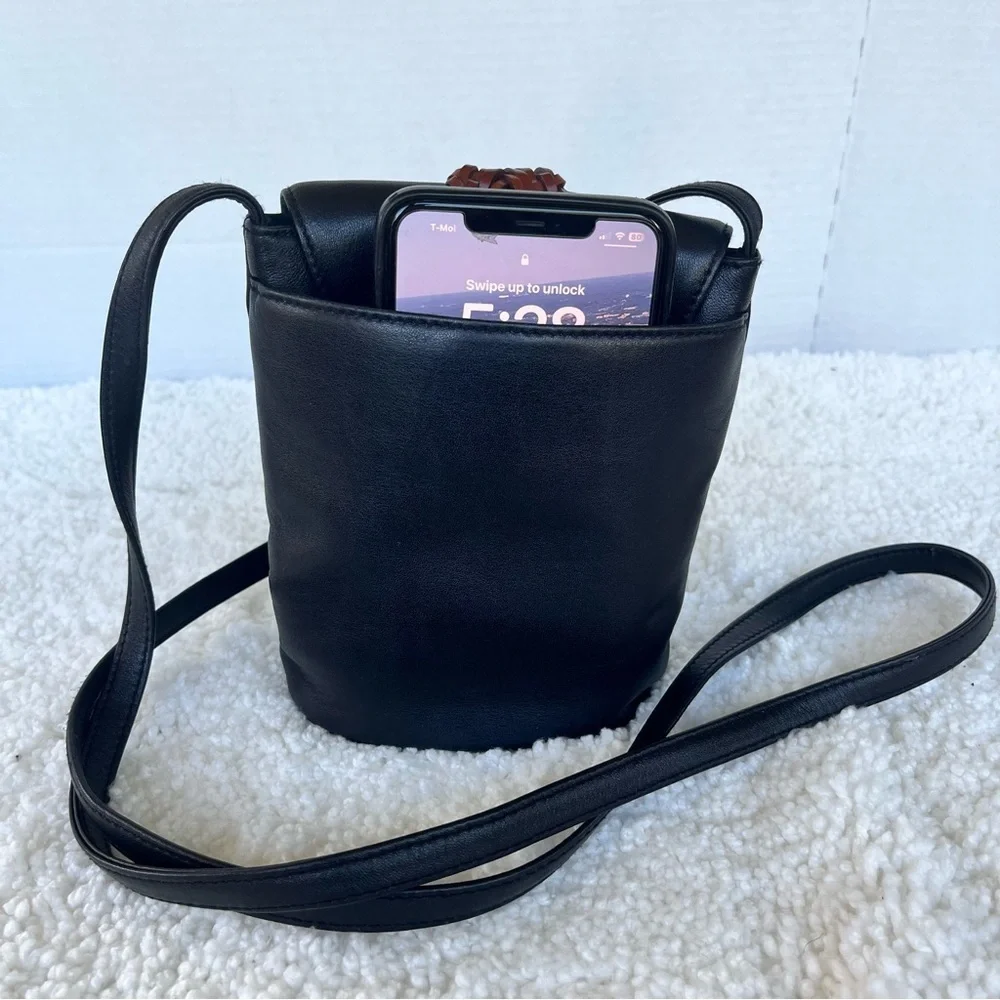 Brighton One World Women's Vintage Black Mini Leather Bucket Crossbody Bag